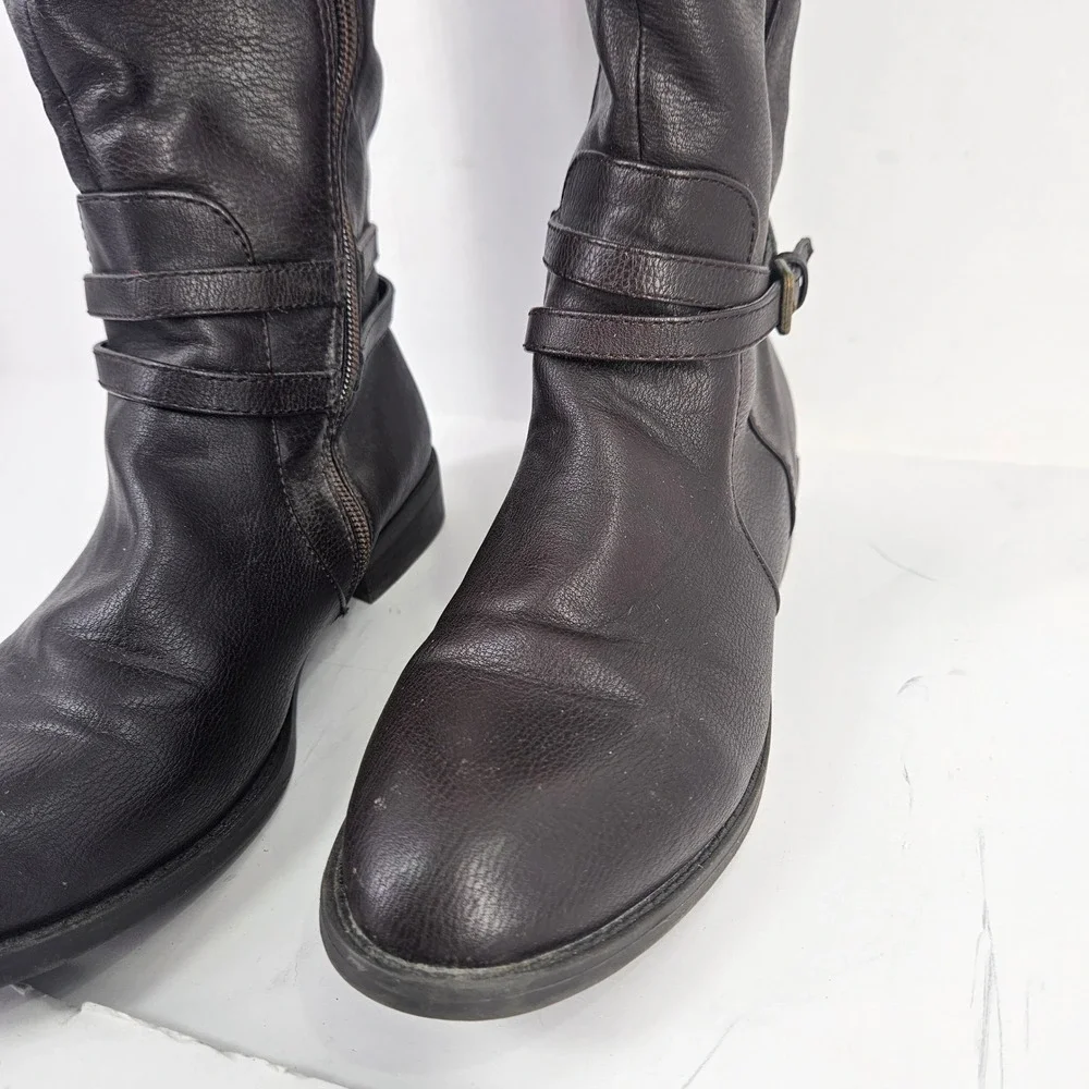 Brown Knee‎ High Tall Boots Women's Size 8 Side Zip Faux Leather Stretch Calf